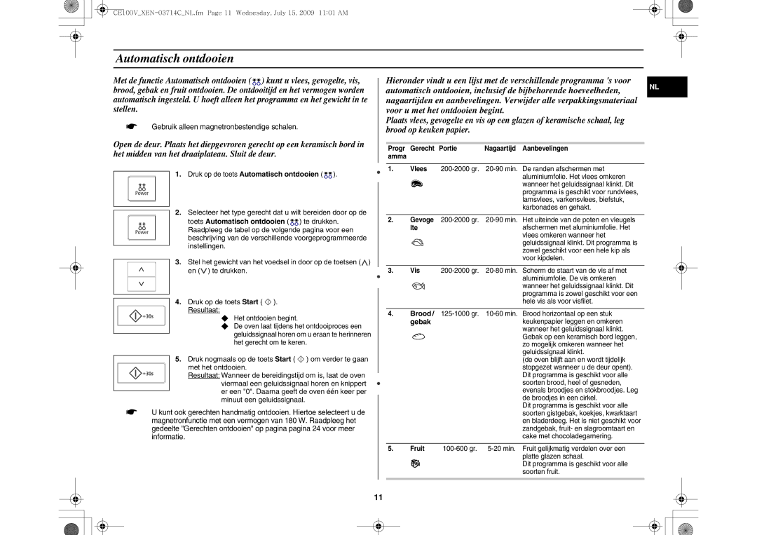 Samsung CE100V-S/XEN manual Automatisch ontdooien, Gebak, Progr Gerecht Portie, Amma, Lte 