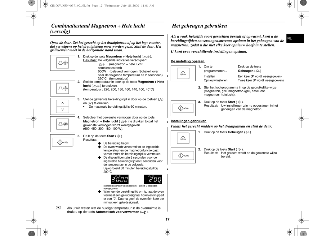 Samsung CE100V-S/XEN manual Combinatiestand Magnetron + Hete lucht vervolg, Het geheugen gebruiken, De instelling opslaan 