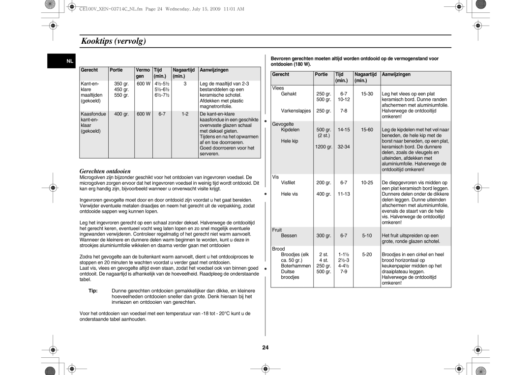 Samsung CE100V-S/XEN manual Gerechten ontdooien 