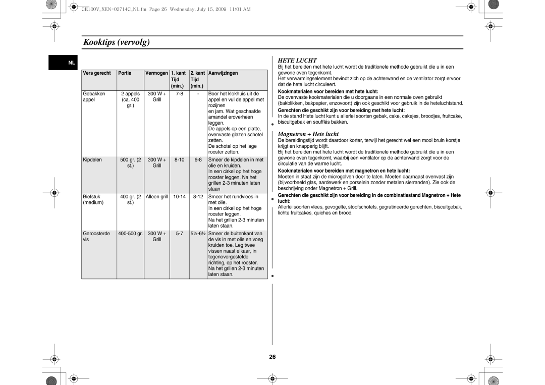 Samsung CE100V-S/XEN manual Hete Lucht, Magnetron + Hete lucht, Kookmaterialen voor bereiden met hete lucht 