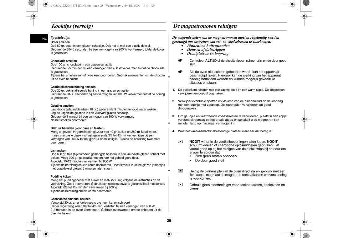 Samsung CE100V-S/XEN manual Kooktips vervolg De magnetronoven reinigen, Speciale tips 