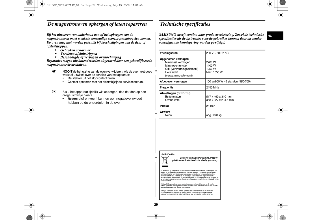 Samsung CE100V-S/XEN manual Afmetingen B x D x H 