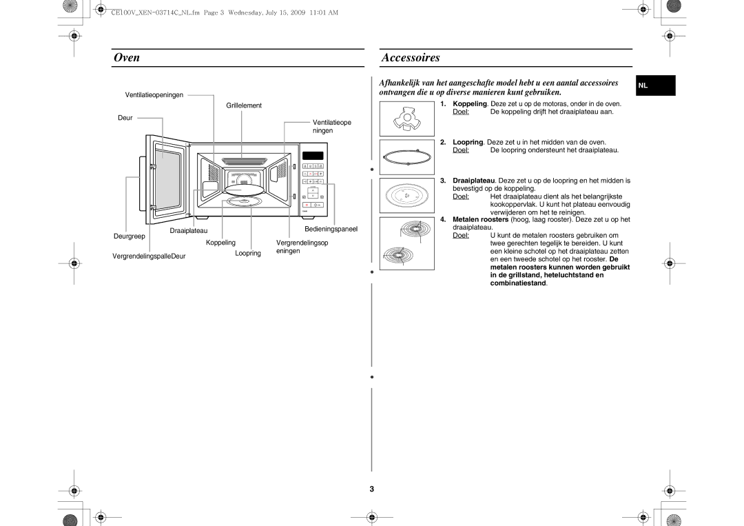 Samsung CE100V-S/XEN manual Oven, Accessoires, De grillstand, heteluchtstand en, Combinatiestand 