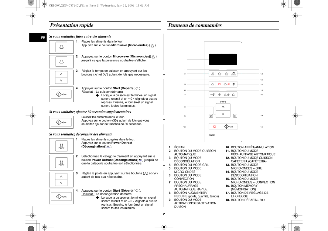 Samsung CE100V-S/XEN Présentation rapide Panneau de commandes, Si vous souhaitez faire cuire des aliments, Décongélation 