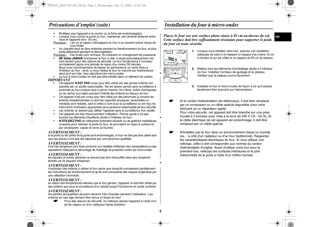 Samsung CE100V-S/XEN manual Précautions d’emploi suite, Installation du four à micro-ondes, Avertissement 