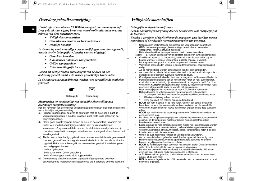 Samsung CE100V-S/XEN manual Over deze gebruiksaanwijzing Veiligheidsvoorschriften, Belangrijk Opmerking 