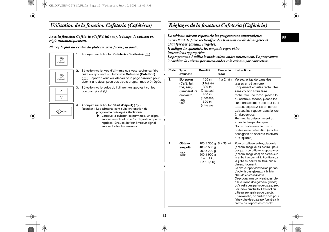 Samsung CE100V-S/XEN manual Boissons, Café, lait, Thé, eau, Surgelé 