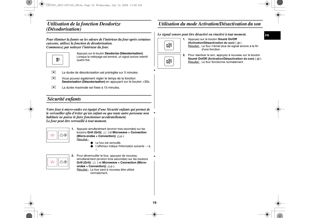 Samsung CE100V-S/XEN manual Utilisation de la fonction Deodorize Désodorisation, Sécurité enfants 