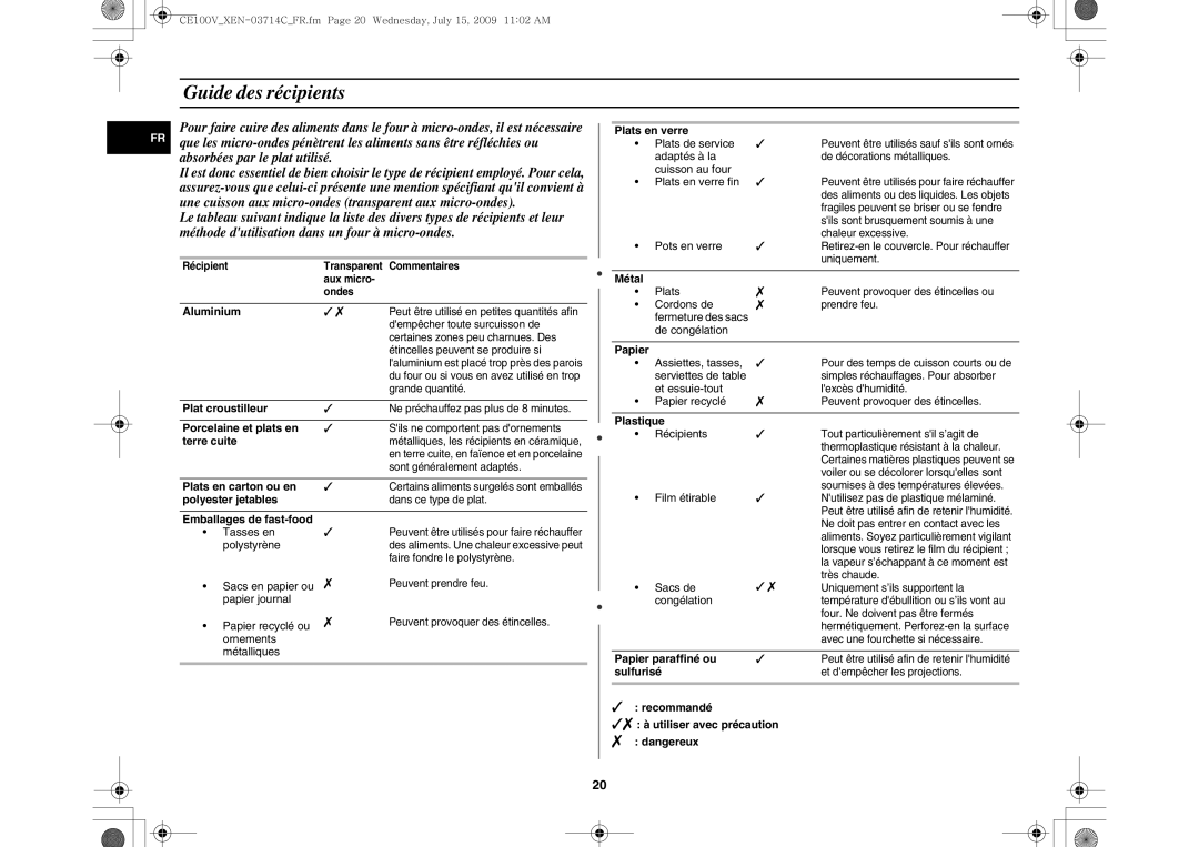 Samsung CE100V-S/XEN manual Guide des récipients 