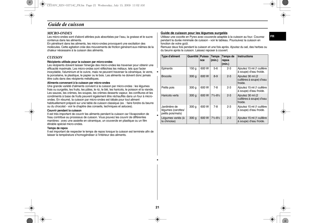 Samsung CE100V-S/XEN manual Micro-Ondes, Cuisson, Guide de cuisson pour les légumes surgelés 