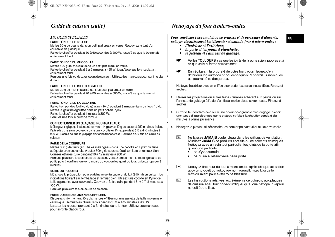 Samsung CE100V-S/XEN manual Guide de cuisson suite Nettoyage du four à micro-ondes, Astuces Speciales 