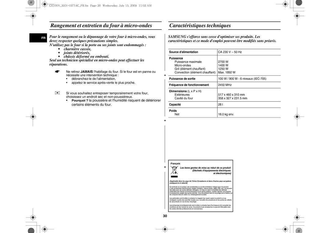 Samsung CE100V-S/XEN manual Dimensions L x P x H 