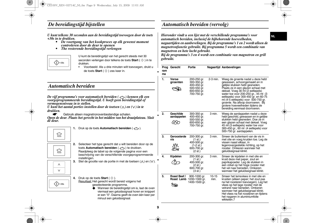 Samsung CE100V-S/XEN manual De bereidingstijd bijstellen Automatisch bereiden vervolg, Verse, Groenten 