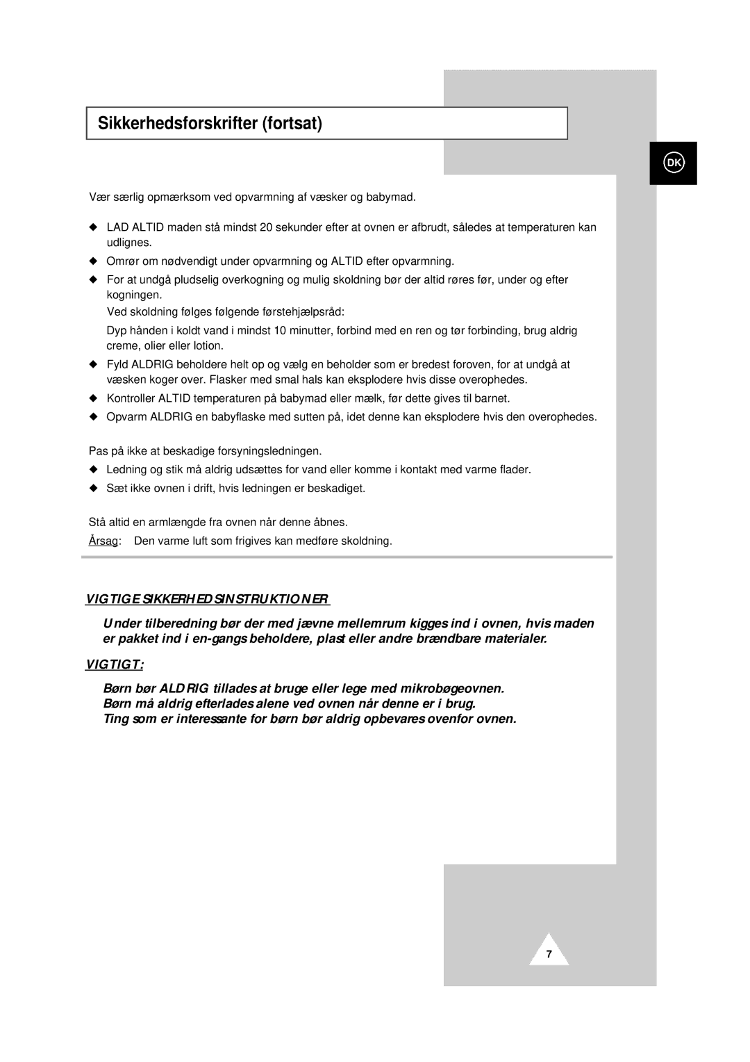 Samsung CE101KC/NSI manual Sikkerhedsforskrifter fortsat, Vigtige Sikkerhedsinstruktioner 