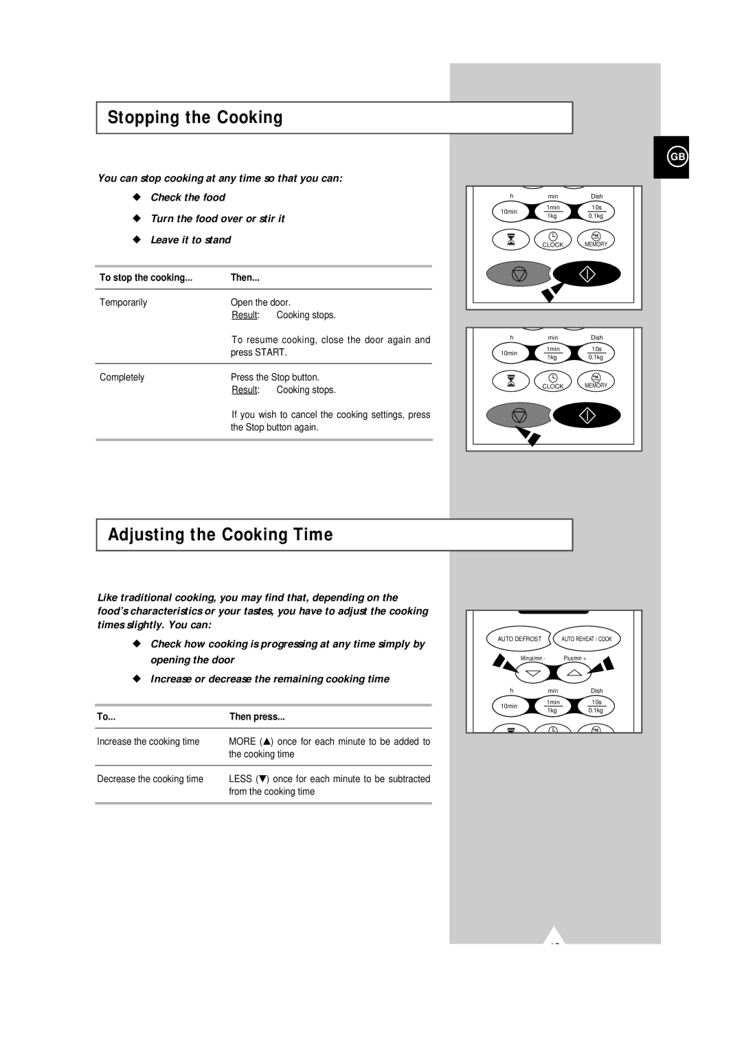 Samsung CE101K/XEG manual Stopping the Cooking, Adjusting the Cooking Time, Turn the food over or stir it, Opening the door 