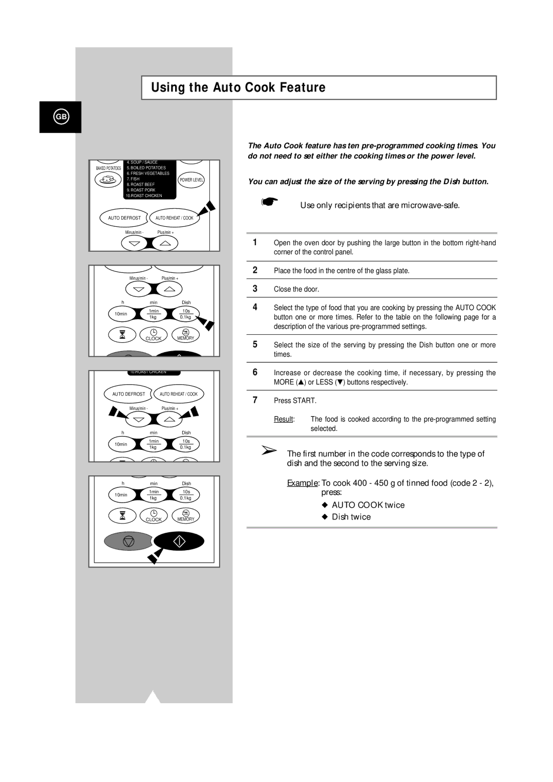 Samsung CE101K/XEG manual Using the Auto Cook Feature 