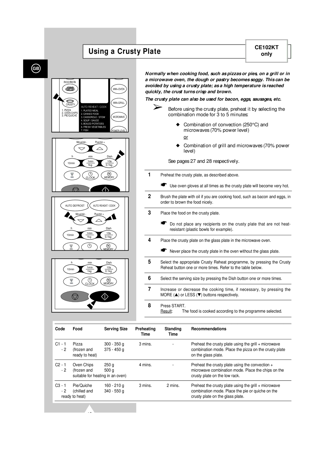 Samsung CE101K/XEG manual Using a Crusty Plate, Quickly, the crust turns crisp and brown 