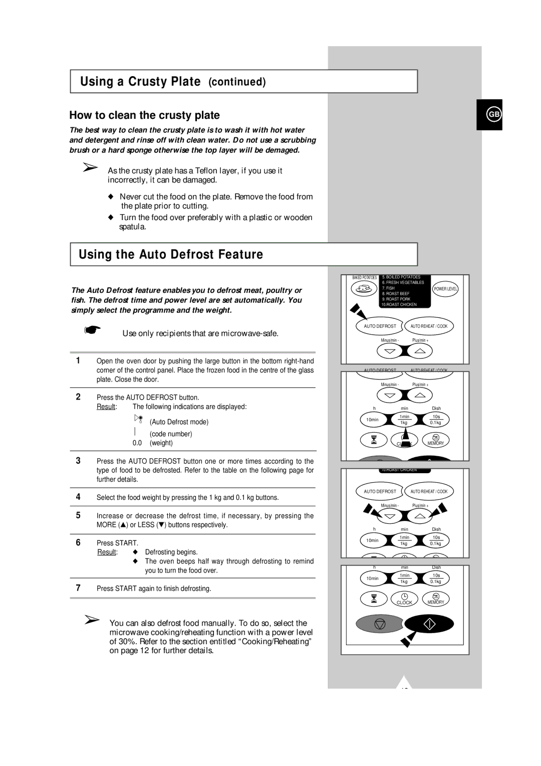 Samsung CE101K/XEG Plate. Close the door, Auto Defrost mode, Code number Weight, Press Start again to finish defrosting 