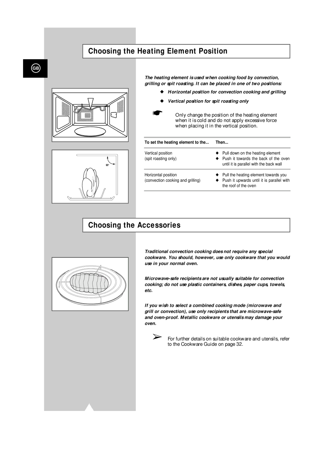 Samsung CE101K/XEG manual Choosing the Heating Element Position, Choosing the Accessories 