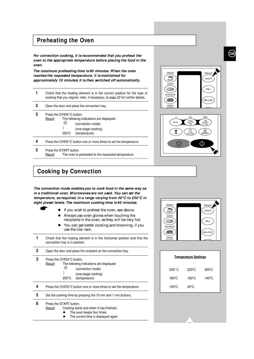 Samsung CE101K/XEG Preheating the Oven, Cooking by Convection, Reaches the requested temperature, it is maintained for 