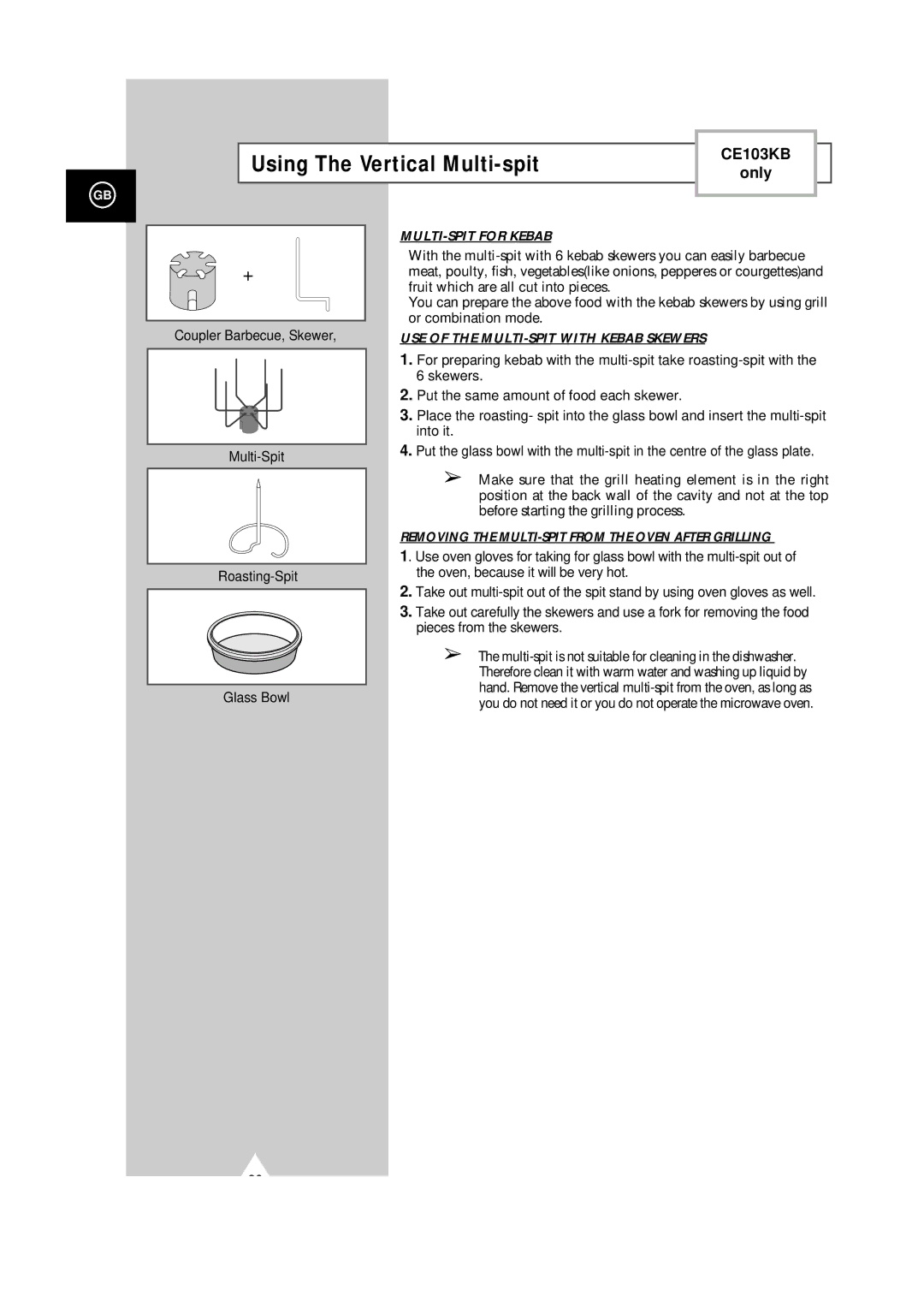 Samsung CE101K/XEG manual Using The Vertical Multi-spit, Coupler Barbecue, Skewer Multi-Spit Roasting-Spit Glass Bowl 