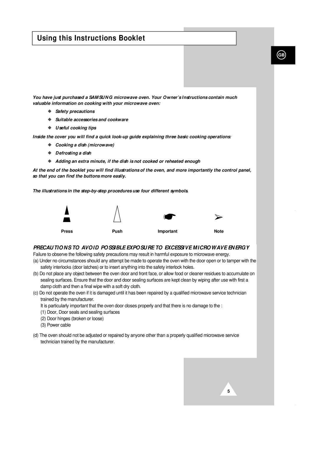 Samsung CE101K/XEG manual Using this Instructions Booklet, Press Push 