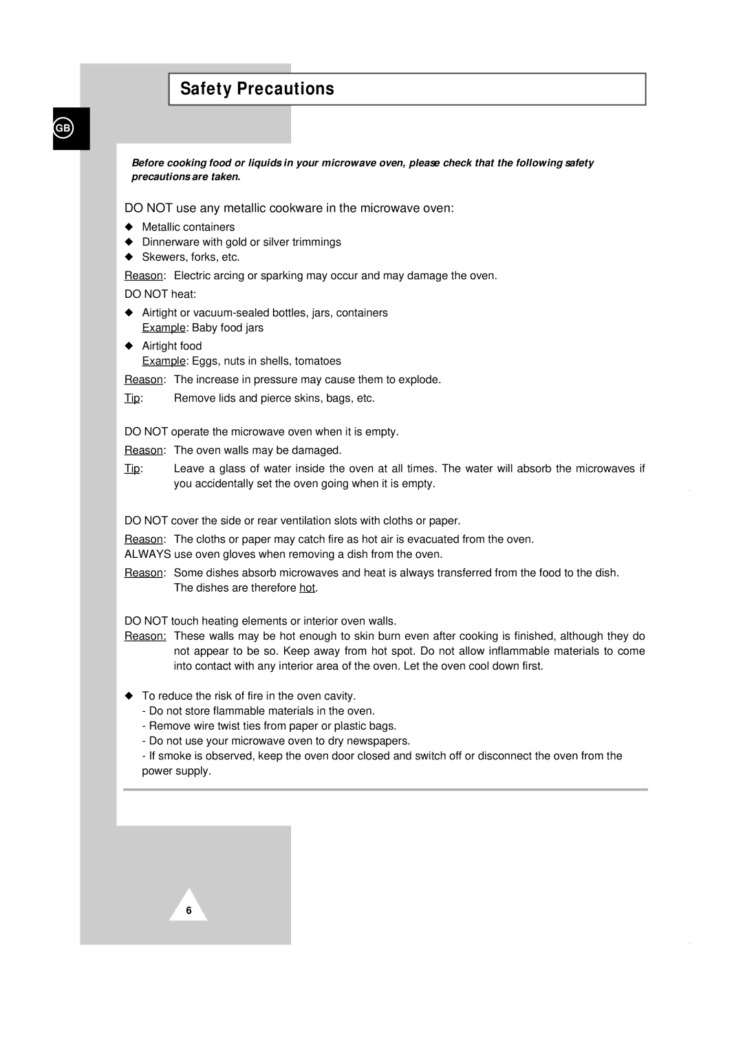 Samsung CE101K/XEG manual Safety Precautions, Do not use any metallic cookware in the microwave oven 