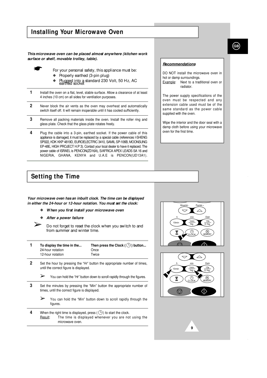 Samsung CE101K/XEG manual Installing Your Microwave Oven, Setting the Time 