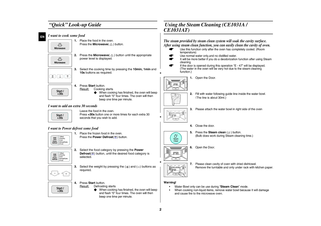 Samsung CE1031AT/XSV manual Quick Look-up Guide, Using the Steam Cleaning CE1031A / CE1031AT, Open the Door 