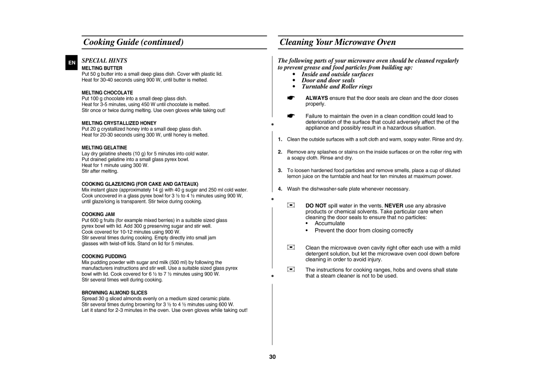 Samsung CE1031AT/XSV manual Cleaning Your Microwave Oven, EN Special Hints 