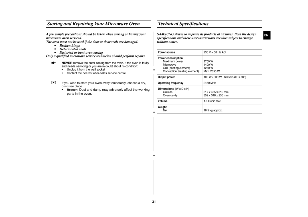 Samsung CE1031AT/XSV manual Dimensions W x D x H 