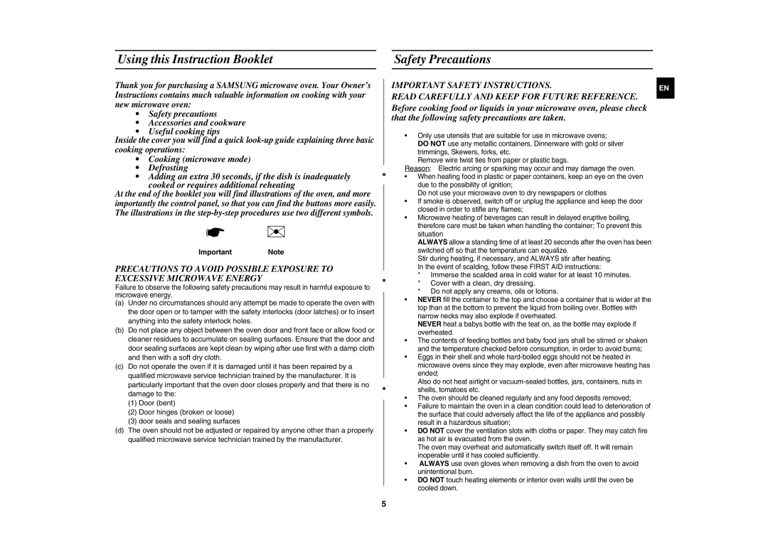 Samsung CE1031AT/XSV manual Using this Instruction Booklet Safety Precautions, Important Note 