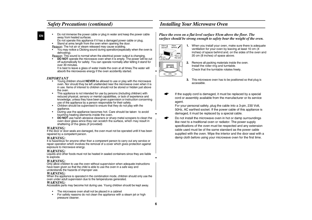 Samsung CE1031AT/XSV manual Safety Precautions Installing Your Microwave Oven, 20 cm 8 inches of space above 