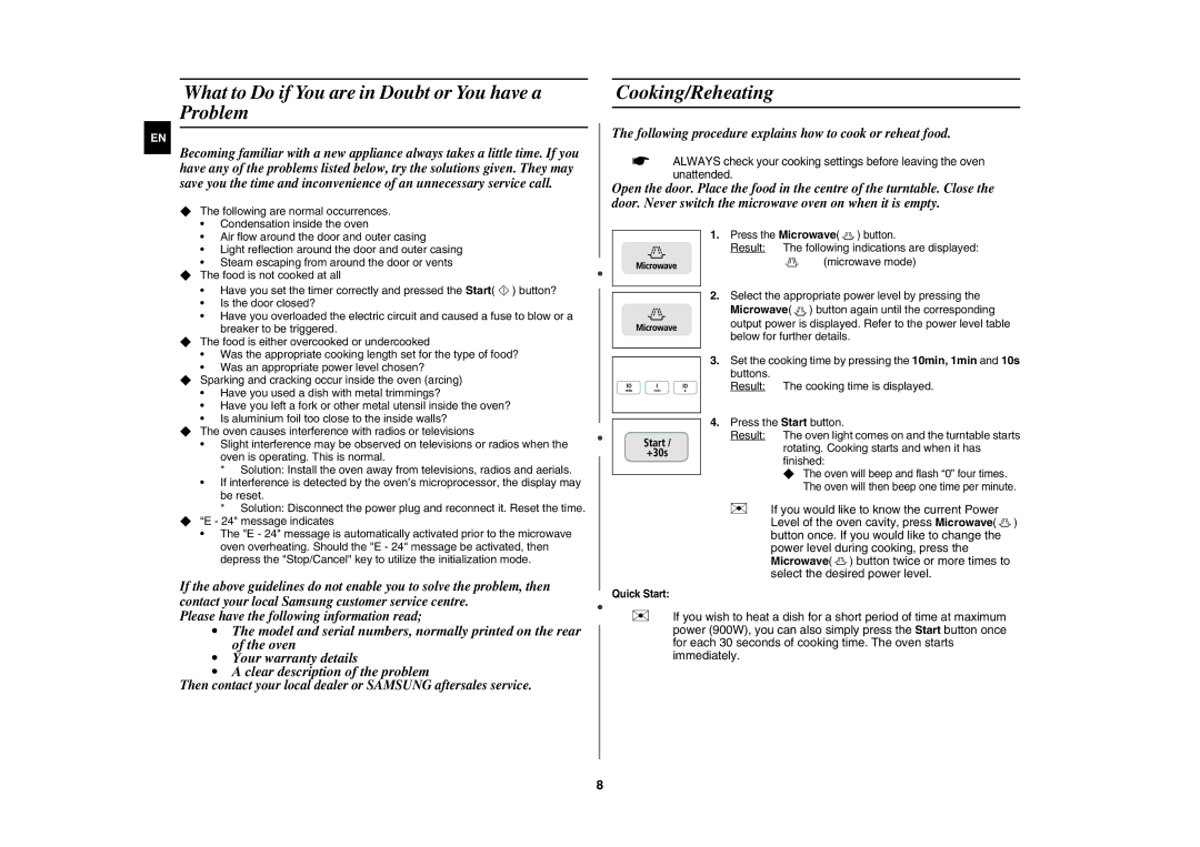 Samsung CE1031AT/XSV manual What to Do if You are in Doubt or You have a Problem, Cooking/Reheating 