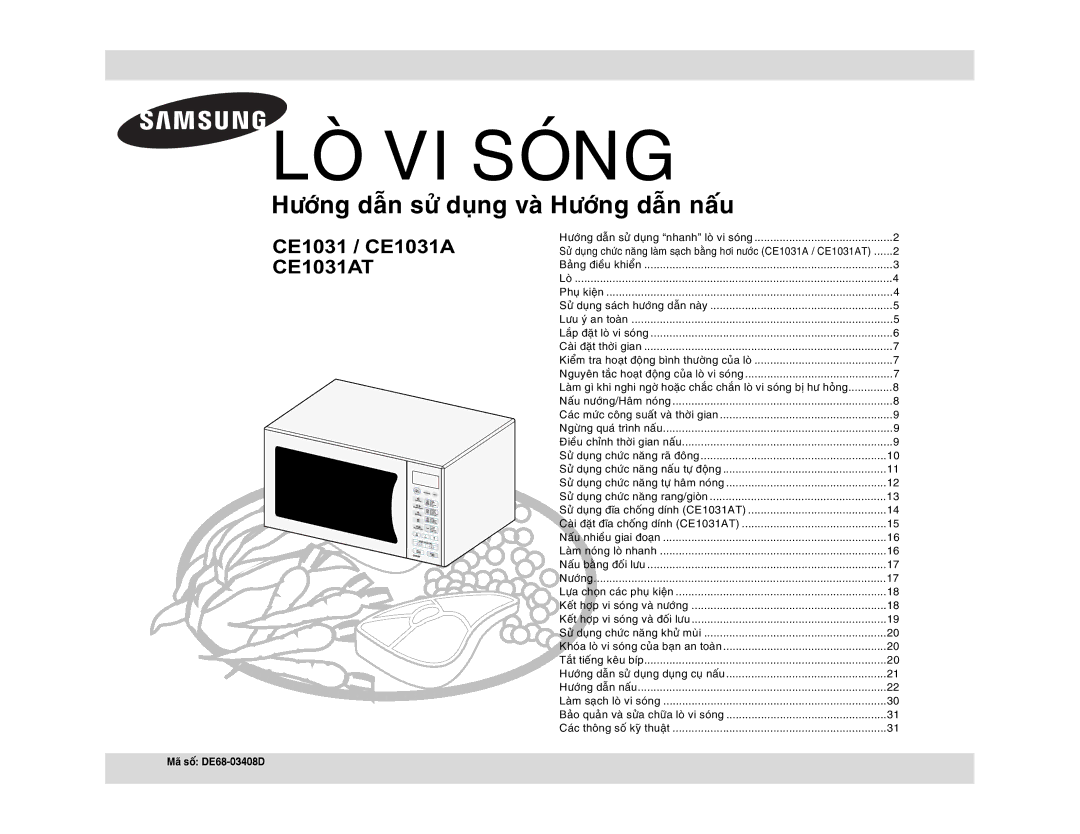 Samsung CE1031AT/XSV manual Nöôùngï, Maõ soá DE68-03408D 