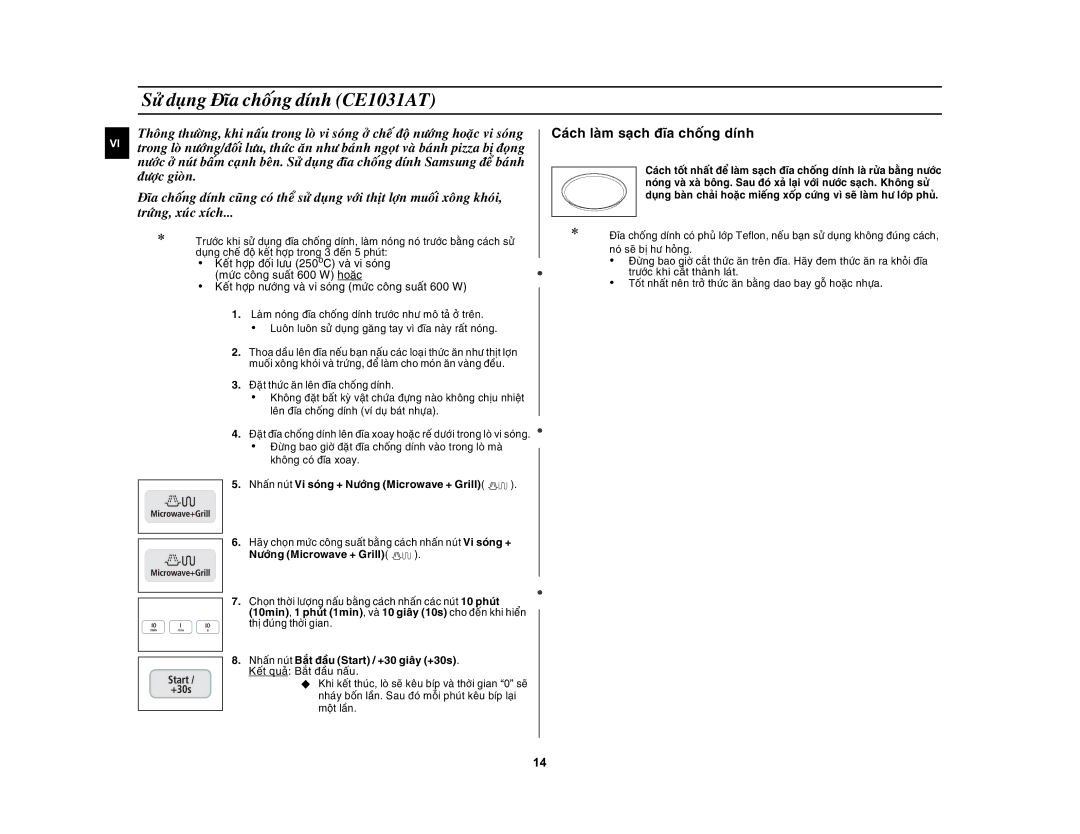 Samsung CE1031AT/XSV manual Söû duïng Ñóa choáng dính CE1031AT, Tröùng, xuùc xích, Nöôùng Microwave + Grill 