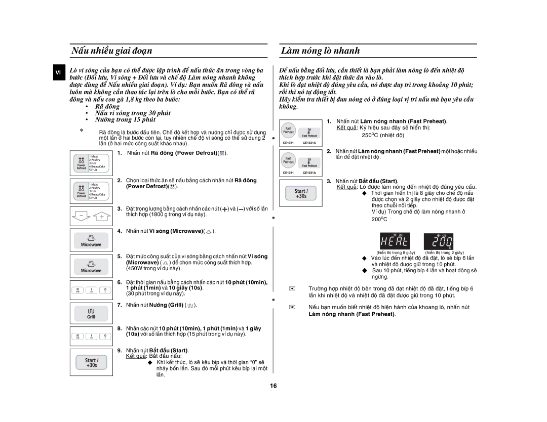 Samsung CE1031AT/XSV manual Naáu nhieàu giai ñoaïn Laøm noùng loø nhanh, Power Defrost, Phuùt 1min vaø 10 giaây 10s. 