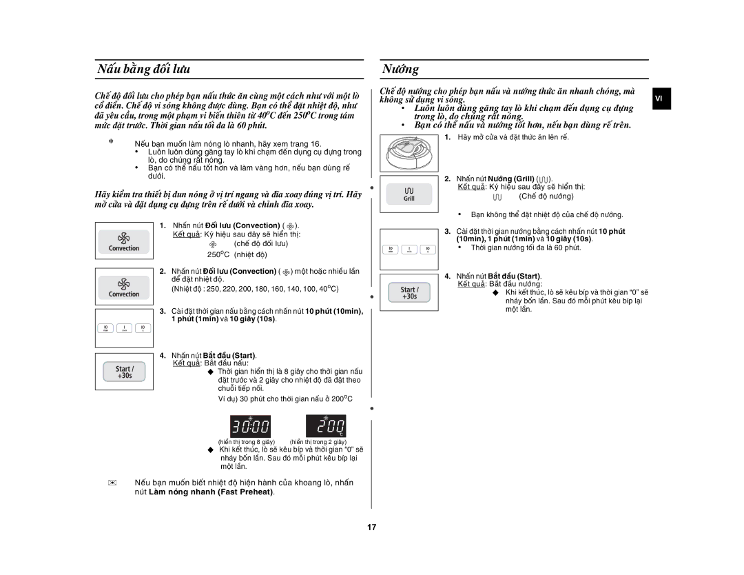 Samsung CE1031AT/XSV manual Naáu baèng ñoái löu, Cheá ñoä ñoái löu 250oC nhieät ñoä, Nhaán nuùt Nöôùng Grill 