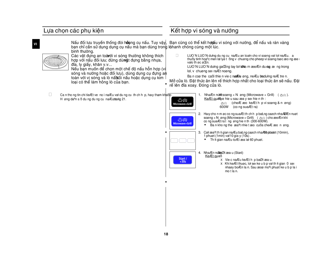 Samsung CE1031AT/XSV manual Löïa choïn caùc phuï kieän Keát hôïp vi soùng vaø nöôùng 