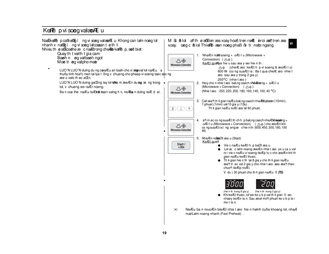 Samsung CE1031AT/XSV manual Keát hôïp vi soùng vaø ñoái löu, Nhaán nuùt Vi soùng + Ñoái löu Microwave + Convection 