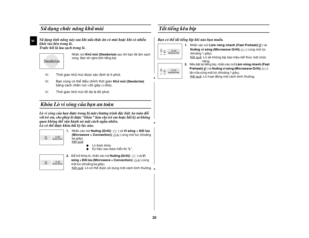 Samsung CE1031AT/XSV manual Söû duïng chöùc naêng khöû muøi Taét tieáng keâu bíp, Khoùa Loø vi soùng cuûa baïn an toaøn 