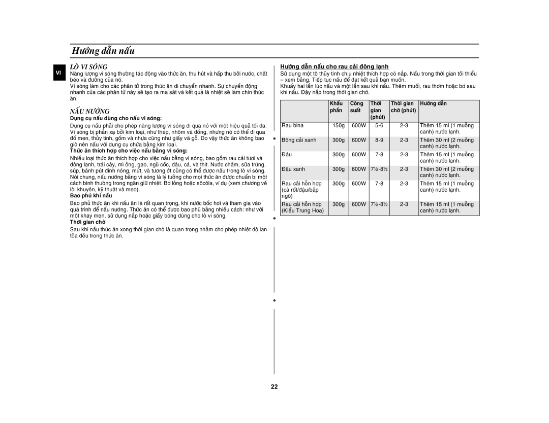 Samsung CE1031AT/XSV manual LOØ VI Soùng, Naáu Nöôùng, Höôùng daãn naáu cho rau caûi ñoâng laïnh 