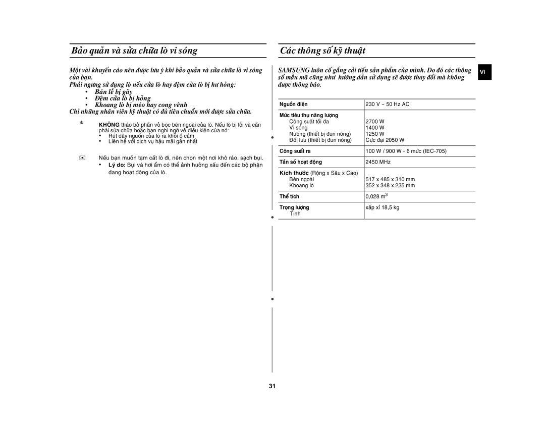 Samsung CE1031AT/XSV manual Baûo quaûn vaø söûa chöõa loø vi soùng, Caùc thoâng soá kyõ thuaät 