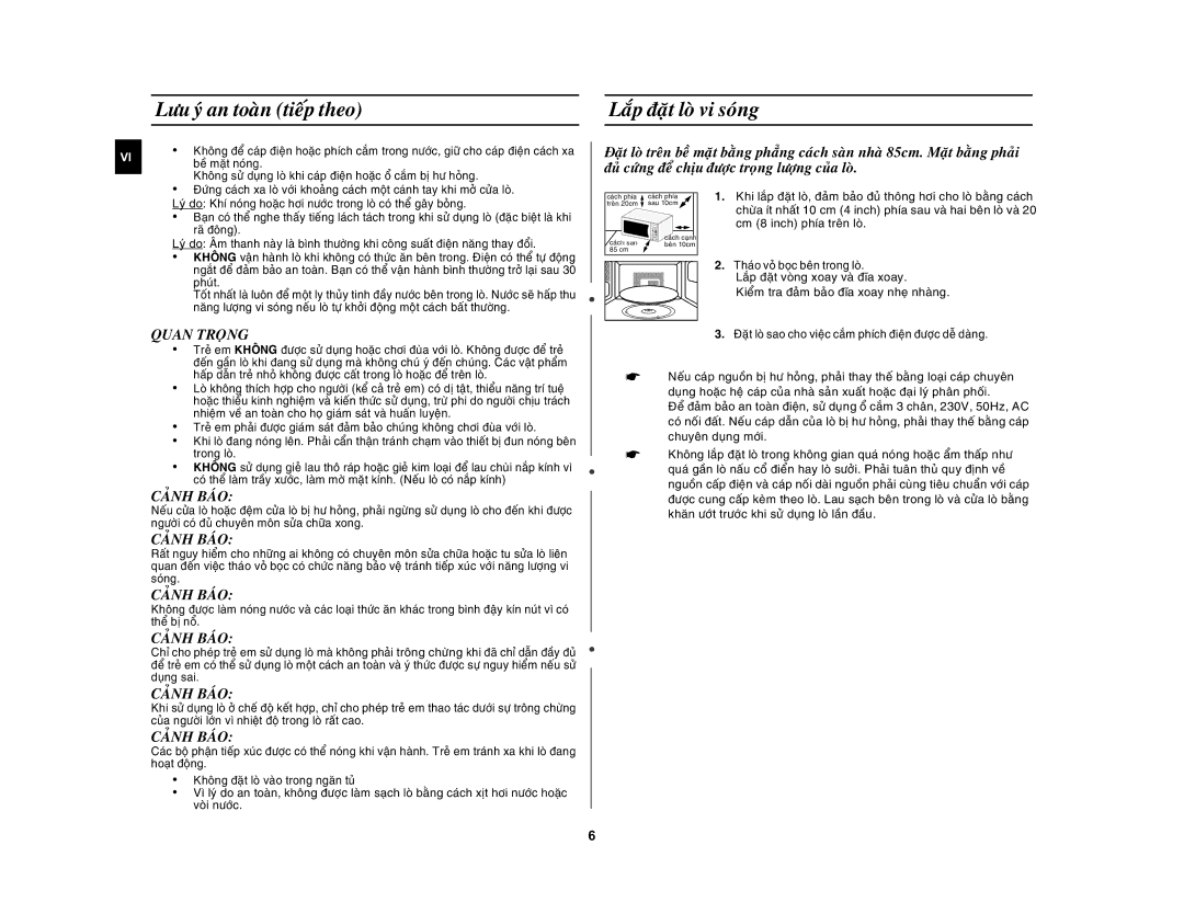 Samsung CE1031AT/XSV Löu yù an toaøn tieáp theo Laép ñaët loø vi soùng, Quan Troïng, Caûnh Baùo, Cm 8 inch phía treân loø 