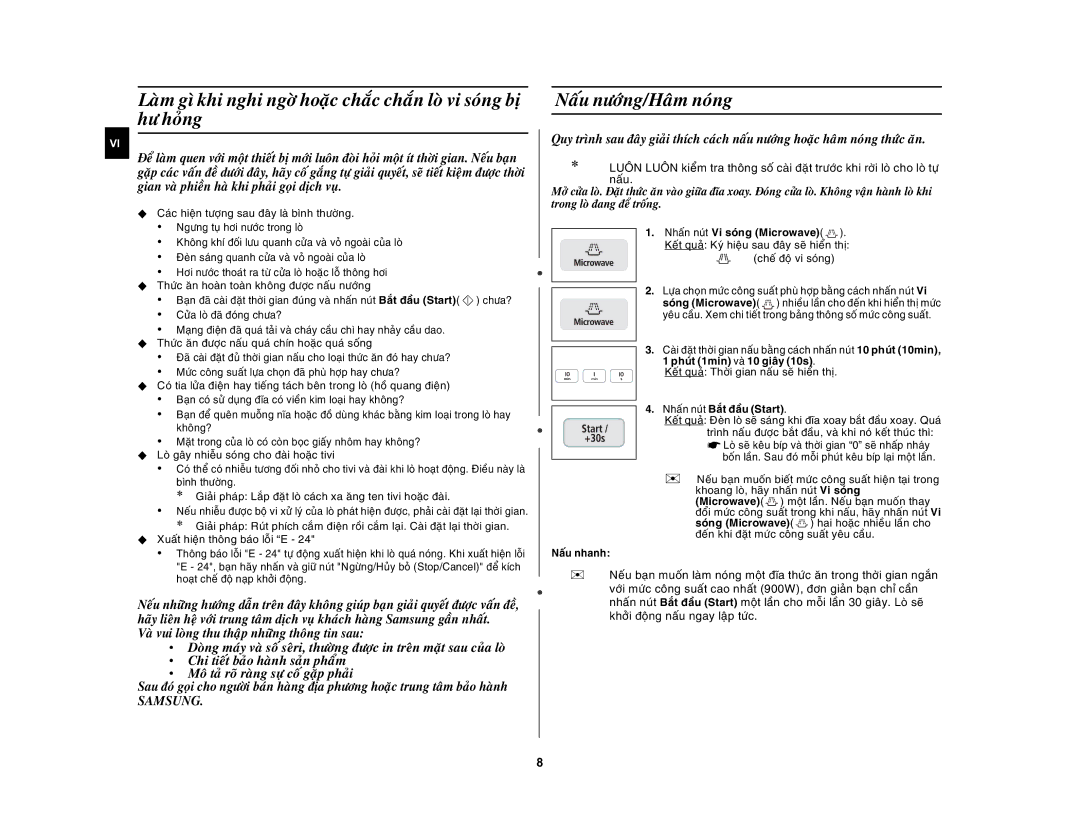 Samsung CE1031AT/XSV manual Naáu nöôùng/Haâm noùng, Vaø vui loøng thu thaäp nhöõng thoâng tin sau, Samsung 