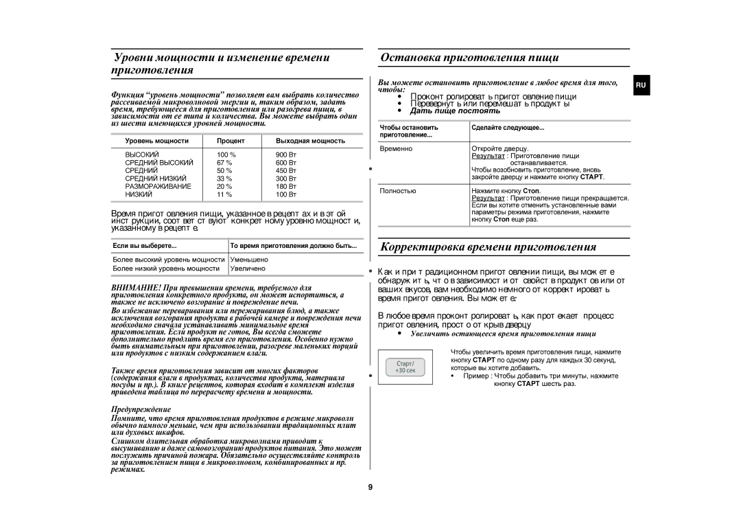 Samsung CE1031R-TD/BWT, CE1031R-T/BWT manual Уровни мощности и изменение времени приготовления, Остановка приготовления пищи 