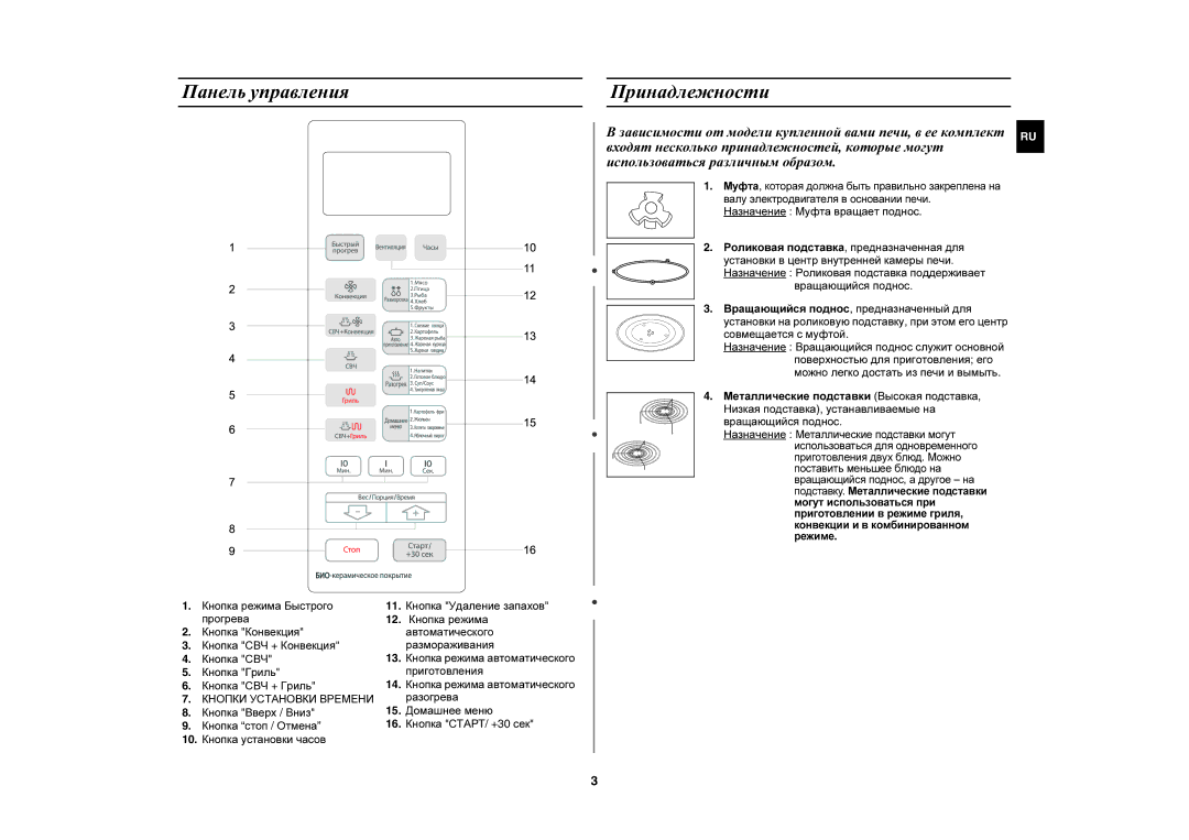 Samsung CE1031R-TS/BWT manual Панель управления Принадлежности, Вращающийся поднос, Совмещается с муфтой 