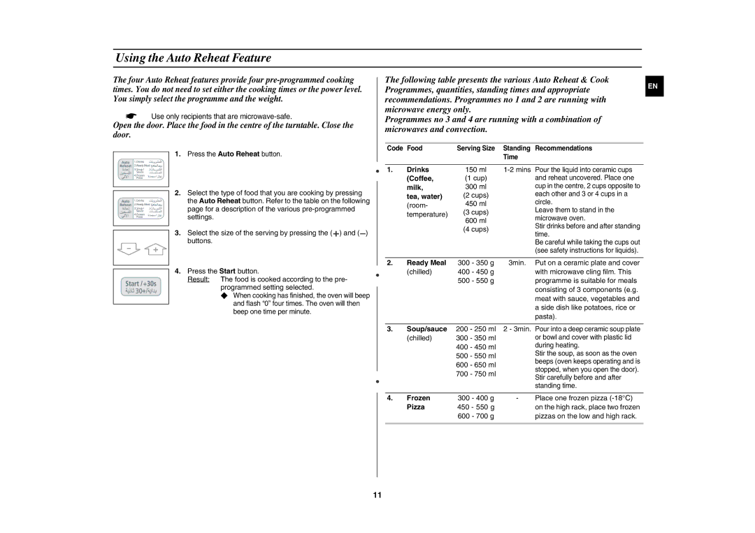 Samsung CE1031/XSG, CE1031/ZAM manual Using the Auto Reheat Feature 