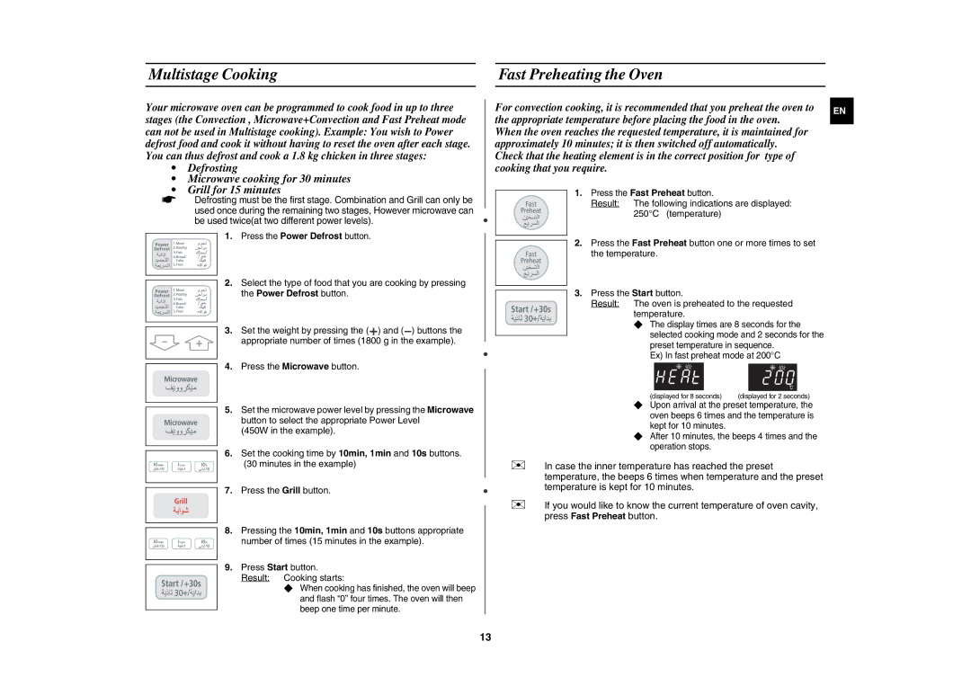 Samsung CE1031/XSG, CE1031/ZAM manual Multistage Cooking Fast Preheating the Oven, Press the Power Defrost button 