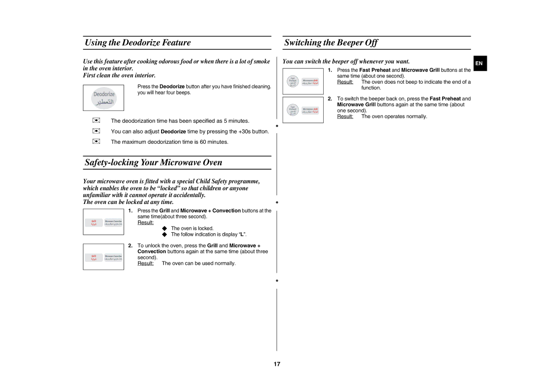 Samsung CE1031/XSG, CE1031/ZAM Using the Deodorize Feature Switching the Beeper Off, Safety-locking Your Microwave Oven 